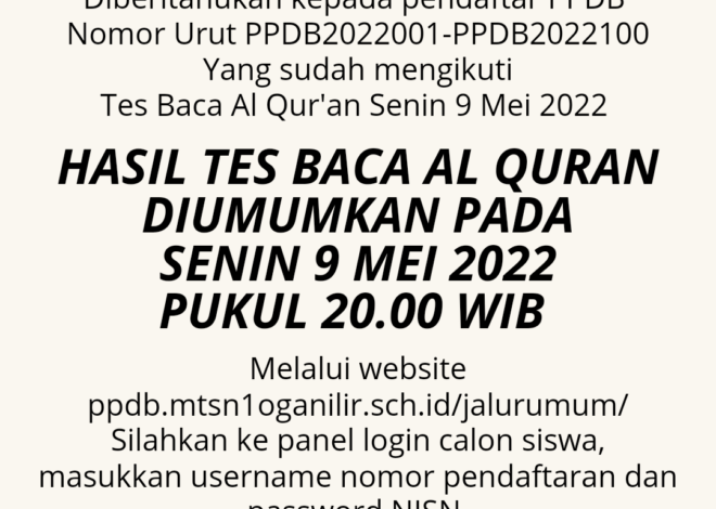 Pengumuman Tes Baca Al Quran Senin 9 Mei 2022