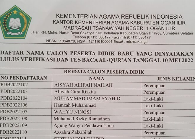Panitia PPDB MTsN 1 OI Umumkan Hasil Tes Baca Al Quran Pada 10 Mei 2022