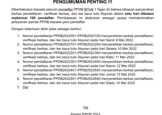 Pengumuman Pembatasan Jumlah Penyerahan Berkas, Verifikasi Berkas dan Tes Baca Tulis Al Quran