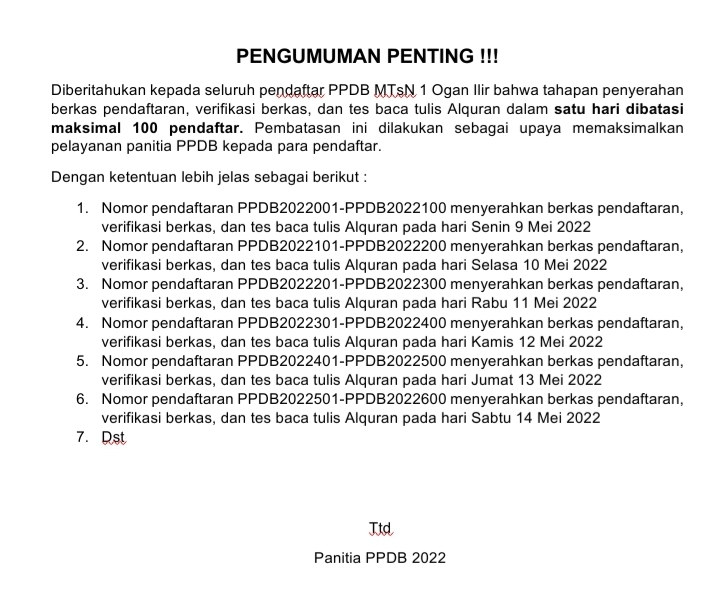 Pengumuman Pembatasan Jumlah Penyerahan Berkas, Verifikasi Berkas dan Tes Baca Tulis Al Quran