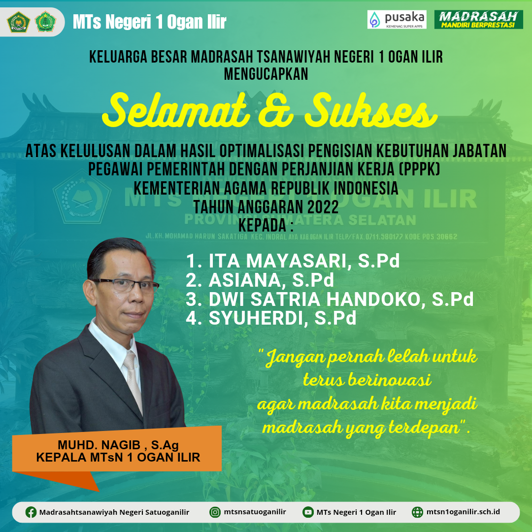 Keluarga Besar MTsN 1 OI Ucapkan Selamat Atas Kelulusan 4 Guru Dalam Optimalisasi PPPK Kemenag